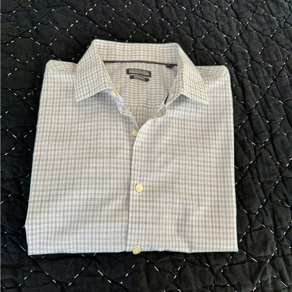 Kenneth Cole Reaction Men’s Gray Check Dress Shirt Regular Fit 161/2 34-35